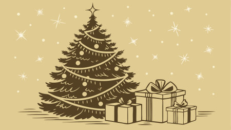Gold Christmas background of - focused lights with decorated tree. AI generated. Vector iconのイラスト素材