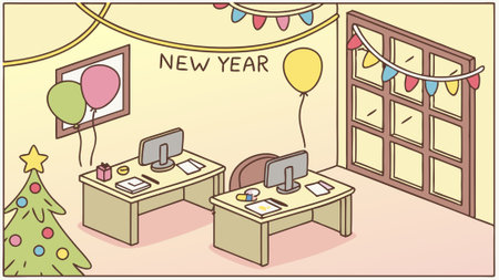 Image of decorated office room for new year celebration party created with technology. AI generated. Vector iconのイラスト素材