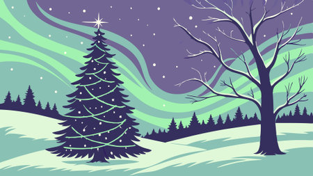 Gorgeus winter christmas tree illuminated by northern lights. digital illustration. created with . AI generated. Vector iconのイラスト素材