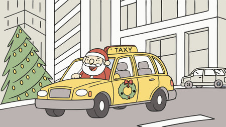 Images. Smiling Santa Claus driving taxi car in the city. AI generated. Vector iconのイラスト素材