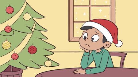 Images. Pensive serious boy wearing Santa hat and sitting at the table next to the Christmas tree. AI generated. Vector iconのイラスト素材