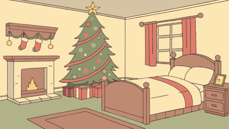 Interior of bedroom with Christmas tree. bedroom cozy decorated for christmas. AI generated. Vector iconのイラスト素材