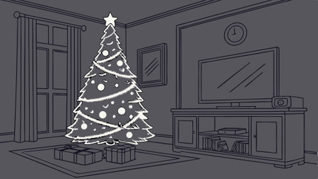 In the dark living room. a decorated Christmas tree with a wrapped gift under christmas tree. AI generated. Vector iconのイラスト素材