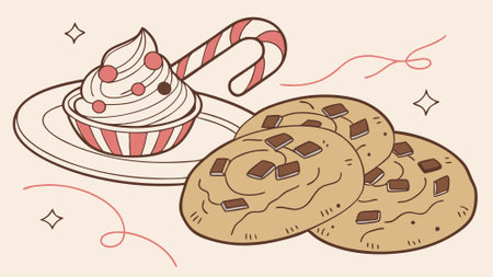 Homemade cookies topped with cream and candy cane on an isolated pastel background Copy space. AI generated. Vector iconのイラスト素材