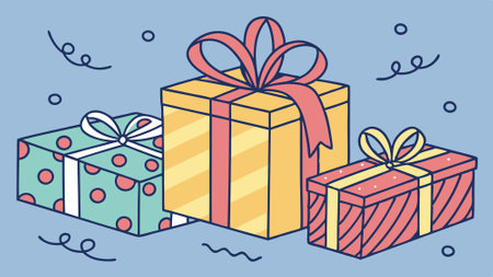 Illustration of colorful gifts with ribbons and bows placed on blue background. AI generated. Vector iconのイラスト素材