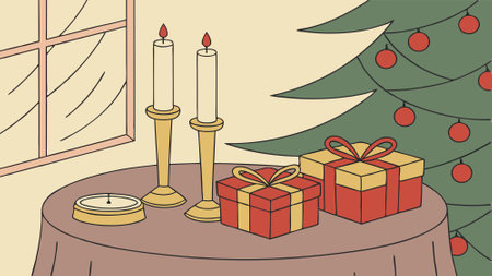 Holiday-themed still life with candles. Christmas decorations. and gifts. cozy intimacy feeling - . AI generated. Vector iconのイラスト素材