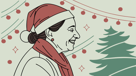 Indian woman smile in santa claus red hat. Christmas background design. AI generated. Vector iconのイラスト素材