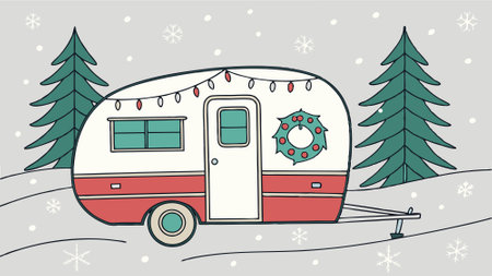 Illustration of Vintage Travel Trailer Christmas Theme. AI generated. Vector iconのイラスト素材