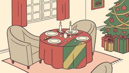 Illustration dinner table setting with Christmas decoration. AI generated. Vector iconのイラスト素材