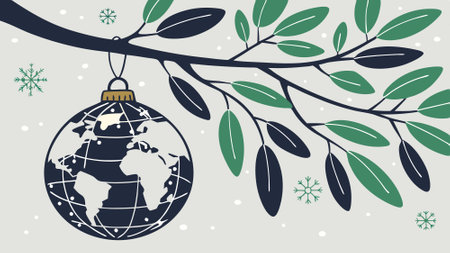 Globe christmas ornament hanging from a tree branch created with technology. AI generated. Vector iconのイラスト素材