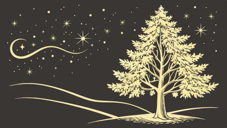 Gold luminous christmas tree on black light background. . AI generated. Vector iconのイラスト素材