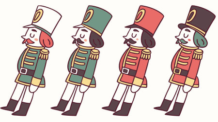 Four christmas nutcracker in different soldier dress isolated watercolor clipart. AI generated. Vector iconのイラスト素材