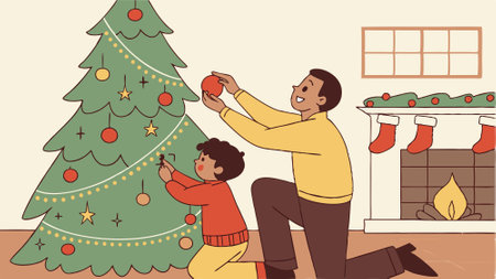 Father and child decorating christmas tree at home preparing for holidays.. AI generated. Vector iconのイラスト素材