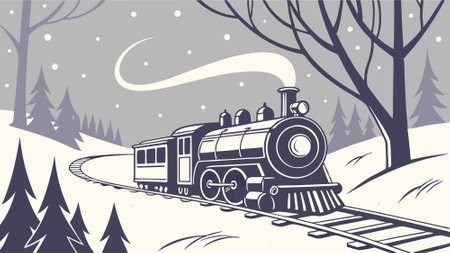 Old steam locomotive driving at night through a dreamlike snowy forest at christmas time. . AI generated. Vector iconのイラスト素材