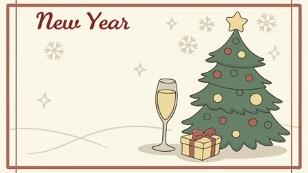 New Year. Christmas card with a glass of champagne. New Year tree and falling snow. Place for text.. AI generated. Vector iconのイラスト素材