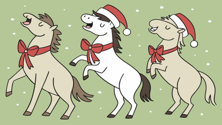 Portrait of three horses in santa hats celebrate christmas on green background. AI generated. Vector iconのイラスト素材