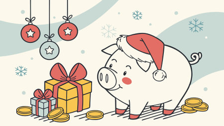 Piggy bank with Santa hat and gift coins on festive background. AI generated. Vector iconのイラスト素材