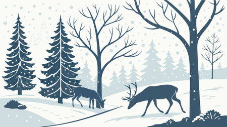 Reindeers in winter panoramic with snow covered fir branches. christmas forest snowy background. . AI generated. Vector iconのイラスト素材