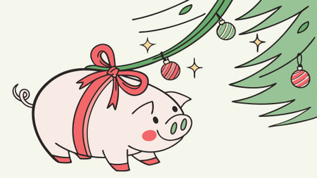 Piggy bank christmas decoration hanging on a Christmas tree branch. Seasonal savings and costs. AI generated. Vector iconのイラスト素材