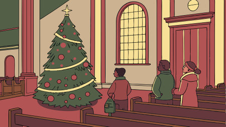 People in church at christmas night with beautiful christmas tree. generated with ai.. AI generated. Vector iconのイラスト素材