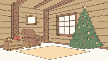 Rustic wooden living room interior with christmas tree decoration. White winter season at home.. AI generated. Vector iconのイラスト素材