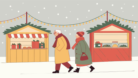 Senior couple at christmas market in winter illustration. AI generated. Vector iconのイラスト素材