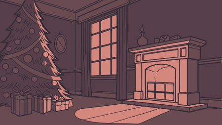 Mysterious Christmas interior with fireplace. christmas tree and presents. . AI generated. Vector iconのイラスト素材