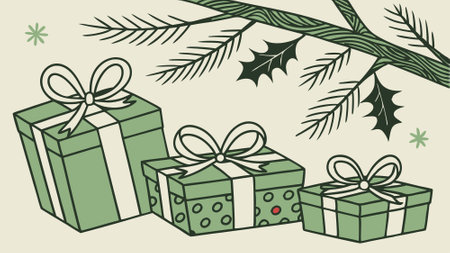 Set christmas gift decoration green colors illustration. AI generated. Vector iconのイラスト素材