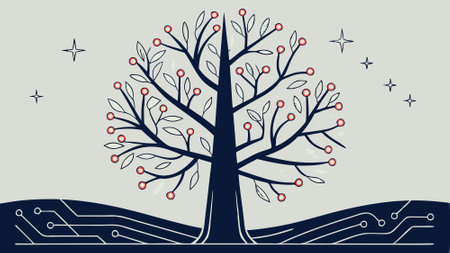 Technology themed electronic sparkling Christmas tree with circuit board elements. copy space. AI generated. Vector iconのイラスト素材