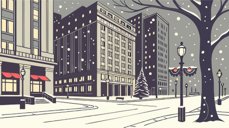 Snowy city square with buildings. street and christmas decorations. . AI generated. Vector iconのイラスト素材