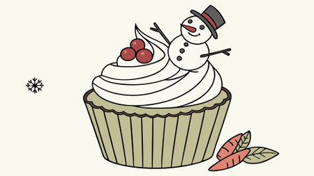 Tasteful christmas cupcake with white frosting snowman on frosting snow wearing a berry hat. AI generated. Vector iconのイラスト素材