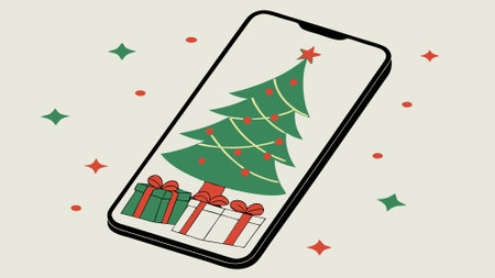 Smartphone with christmas tree and gifts on screen. 3D rendering. Merry Christmas concept.. AI generated. Vector iconのイラスト素材