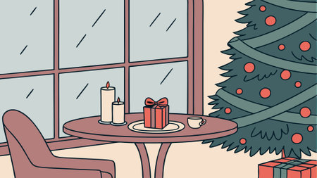 Table space in front of defocused window sill with Christmas tree. AI generated. Vector iconのイラスト素材