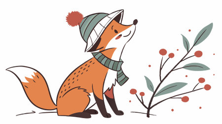 Watercolor cute fox in hat isolated on white. Christmas card. . AI generated. Vector iconのイラスト素材