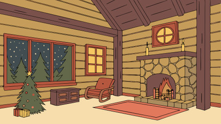 Warm and cozy a rustic living room with fireplace in winter log cabin. christmas and winter time. AI generated. Vector iconのイラスト素材