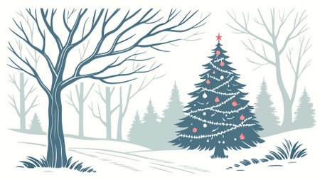Watercolor card with Christmas tree and winter forest on a white background. . AI generated. Vector iconのイラスト素材