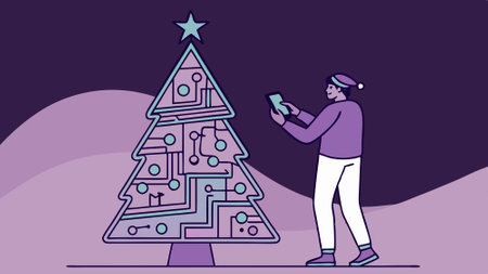 Technology themed electronic purple Christmas tree with circuit board elements. AI generated. Vector iconのイラスト素材