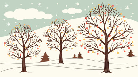 Trees with christmas lights in winter. snowing. christmas holiday season. Art. AI generated. Vector iconのイラスト素材