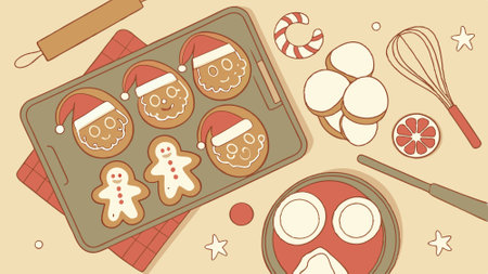 Top view of many gingerbread santa claus christmas cookies. baking panorama banner.. AI generated. Vector iconのイラスト素材