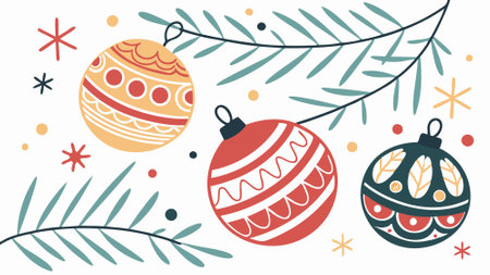 Top view of Christmas white background with Christmas balls decoration and ornament. AI generated. Vector iconのイラスト素材