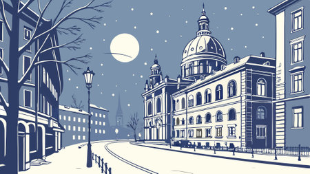 Watercolor cityscape under a full moon on snowy night. AI generated. Vector iconのイラスト素材