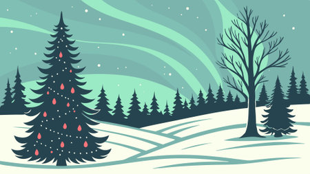 Winter christmas landscape with trees. northern lights. snowy forest background. AI generated. Vector iconのイラスト素材