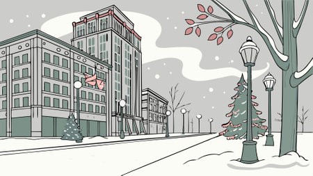 Watercolors Christmas and winter season landscape with city street. AI generated. Vector iconのイラスト素材