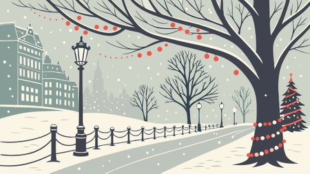 Winter Christmas background with snow and blurred light bokeh effect. AI generated. Vector iconのイラスト素材