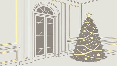 White And Gold Christmas Living Room With Blurred Window. AI generated. Vector iconのイラスト素材