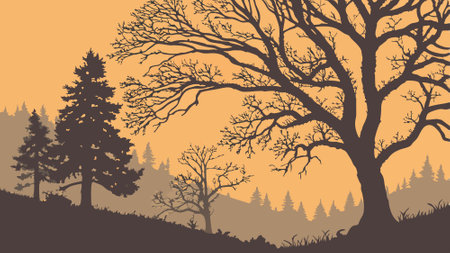 Winter Trees Silhouetted in Orange Fog. Dramatic. Snow covered Woodland scene. Seasonal Banner.. AI generated. Vector iconのイラスト素材