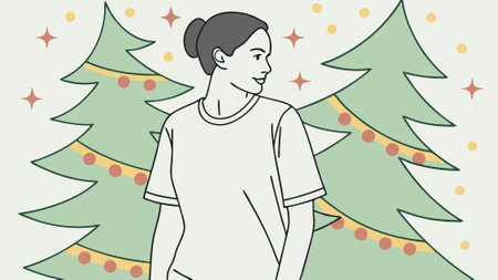 White tshirt worn by female model on christmas themed background for mock up. AI generated. Vector iconのイラスト素材