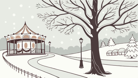 Winter scene at Tivoli Gardens. Copenhagen. with snow-clad tree and carousel in the background. . AI generated. Vector iconのイラスト素材