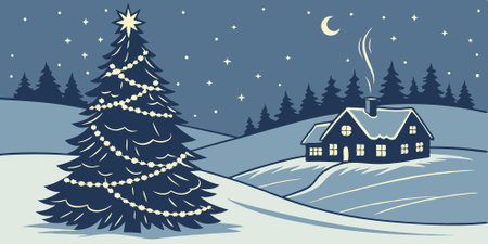 Winter christmas landscape. Magical fairy light. Christmas tree. Winter starry sky. AI generated. Vector iconのイラスト素材