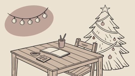 Wood dining table with copy space and christmas tree in the background. AI generated. Vector iconのイラスト素材